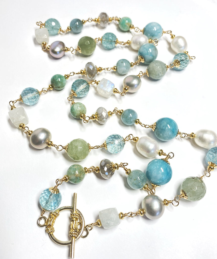 Aquamarine Pearl Long Wire Wrap Necklace Gold Moonstone
