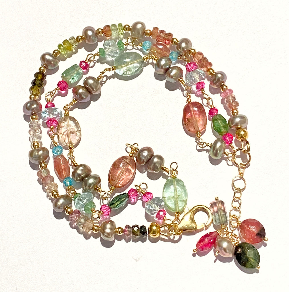Watermelon Tourmaline Aquamarine Pearl Bracelet Gold