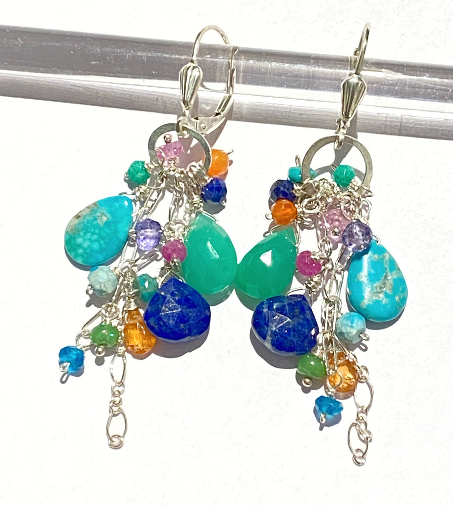 Sterling Silver Dangle Earrings Multicolor Gem Lapis Turquoise Chrysoprase