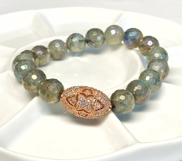 Labradorite and Rose Gold Pave CZ Beaded Stretch Bracelet