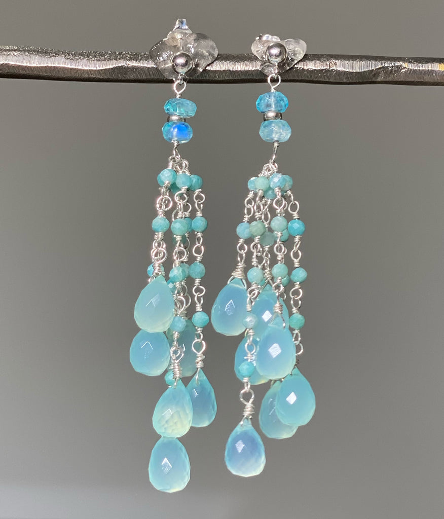 Aqua Chalcedony Amazonite Tassel Earrings