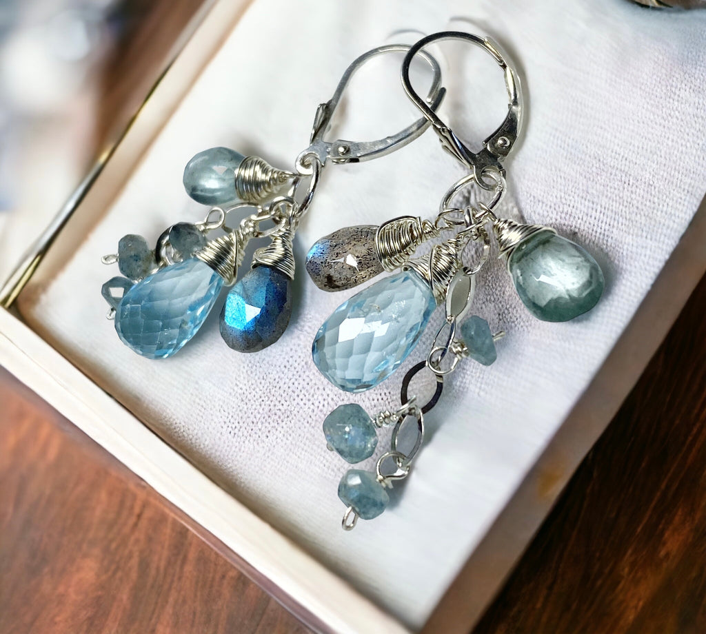 Moss Aquamarine, Blue Topaz, Labradorite Dangle Earrings Sterling Silver