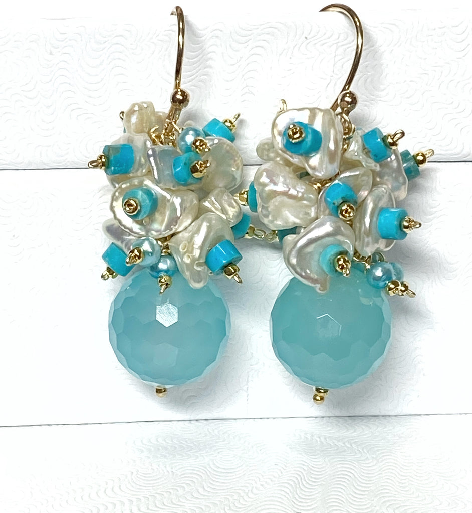Blue, Turquoise and Keishi Pearl Cluster Earrings - Doolittle