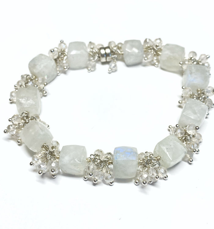 Rainbow Moonstone Bridal Bracelet Mystic Crystal Cluster Sterling Silver