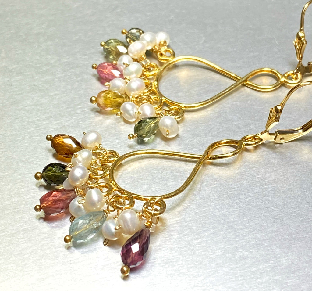 Tourmaline and Pearl Gold Chandelier Earrings
