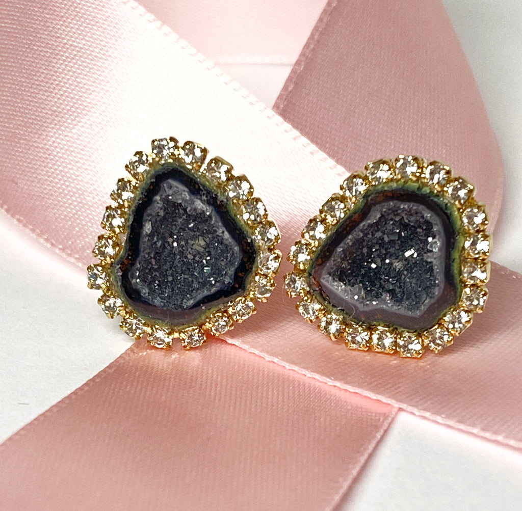 Black Geode Druzy Stud Earrings Diamond Look