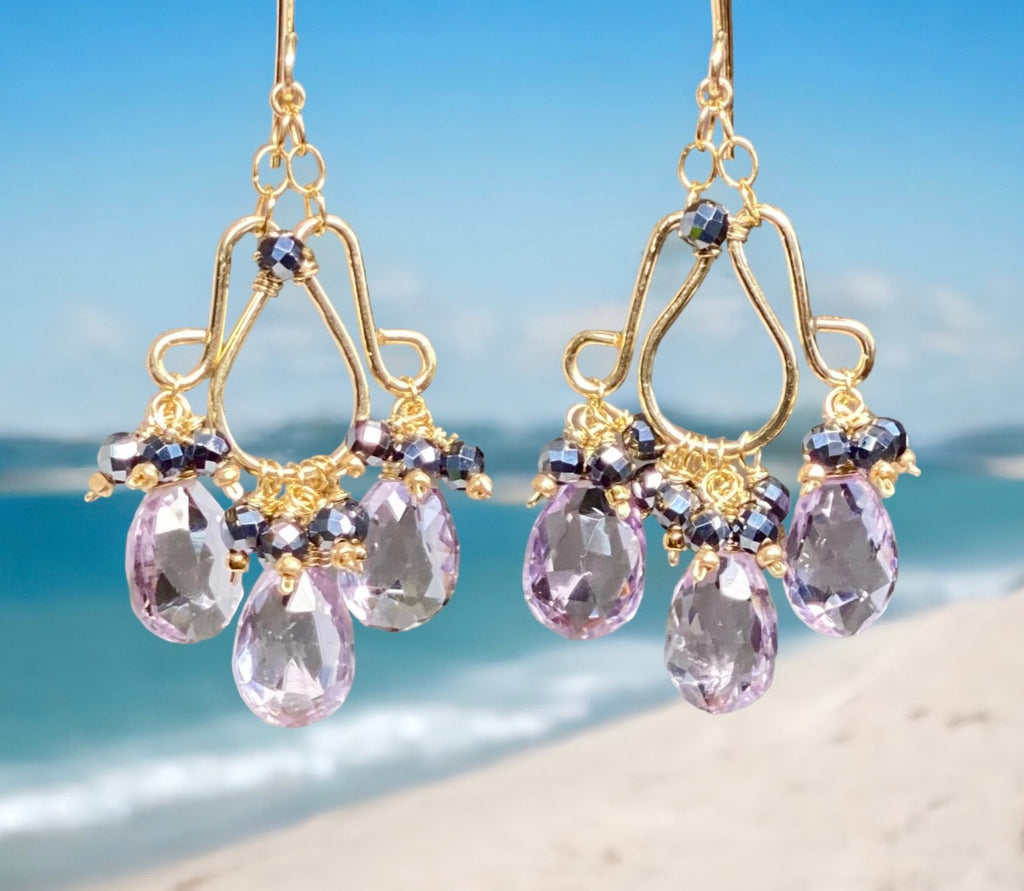 Pink Amethyst Chandelier Earrings Gold Fill with Black Clusters