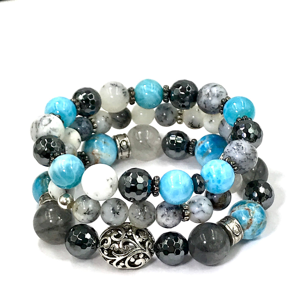 Dendritic Opal Blue Grey Silver Boho Stretch Bracelet Stacking Set of 3 - doolittlejewelry