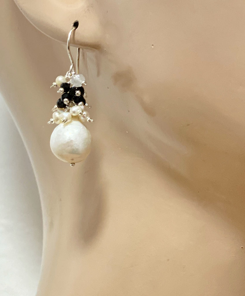 Baroque Edison Pearl Cluster Earrings Black Spinel Sterling Silver