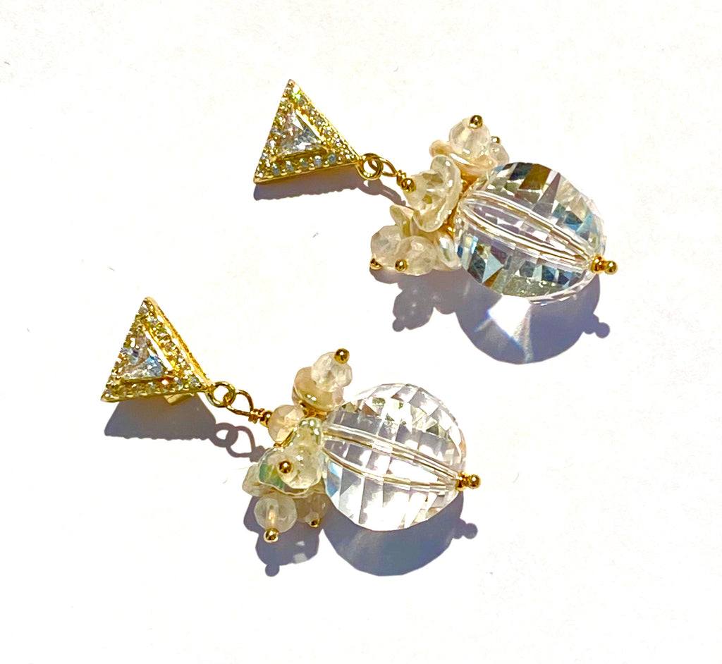 Clear Crystal Quartz Earrings Keishi Pearl Cluster Gold Post