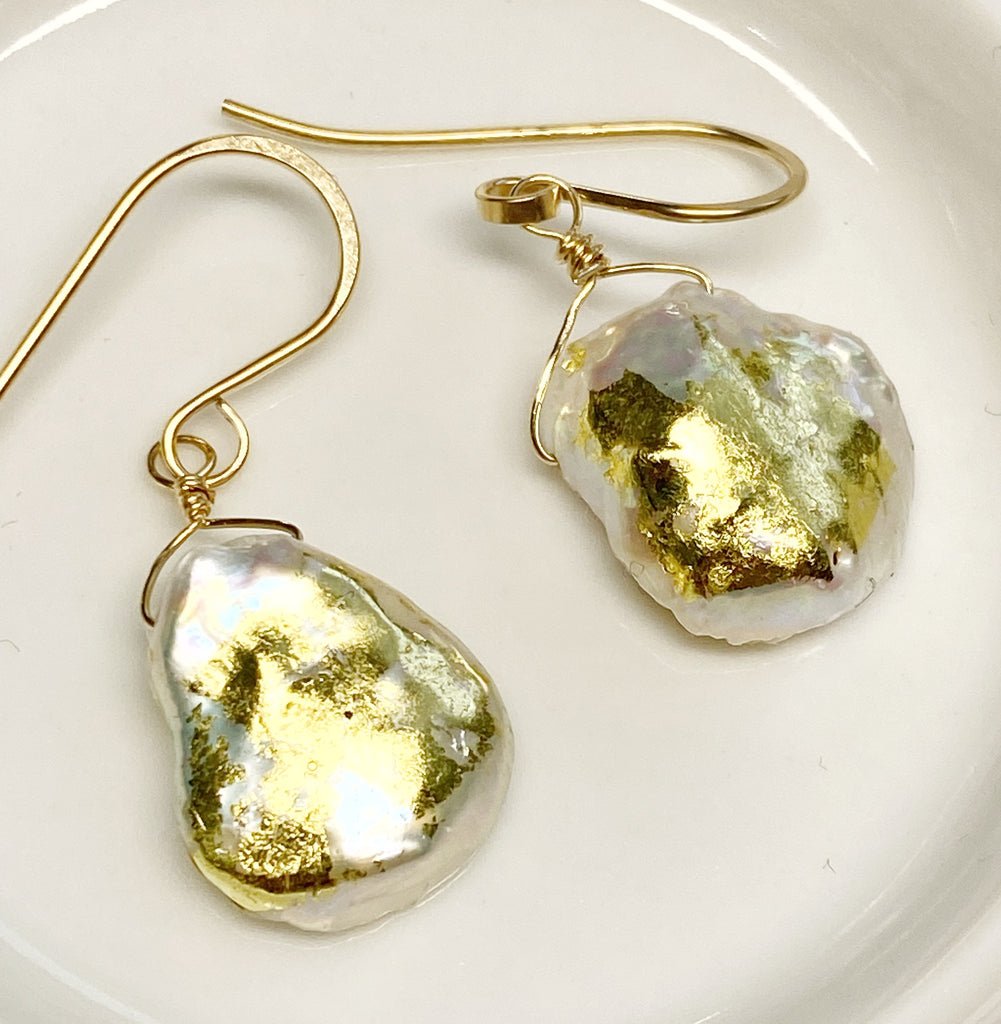 Keishi Pearl 24 kt Gold Leaf Dangle Earrings
