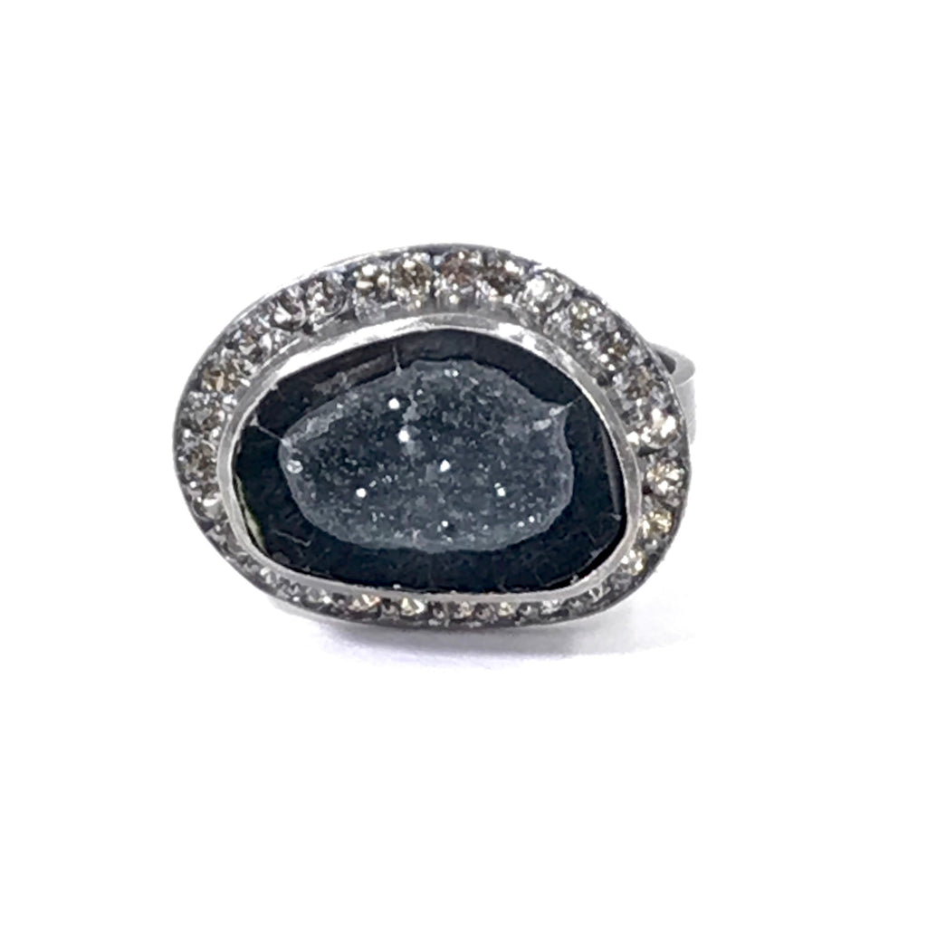 Black Geode and Pave Sapphire Ring in Oxidized Sterling Silver - doolittlejewelry