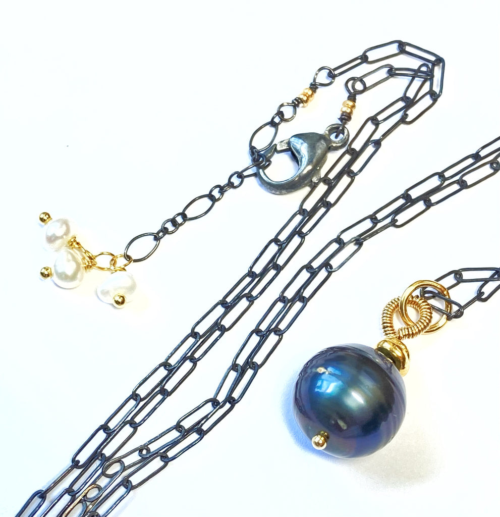 Tahitian Pearl Pendant, Paper Clip Chain, Mixed Metals, Pearl Dangles