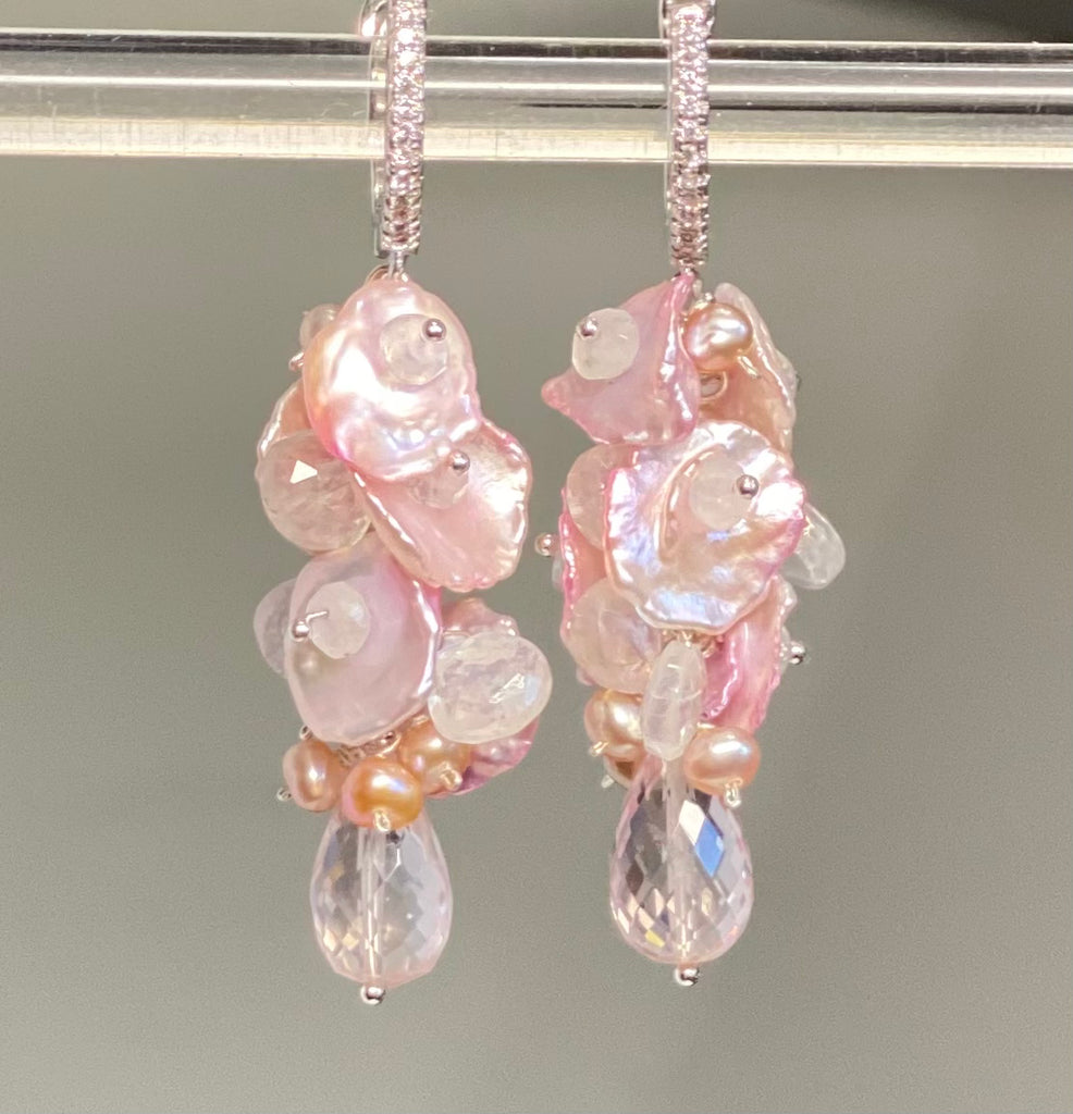 Pink Rose Quartz, Moonstone, Keishi Pearl Cluster Earrings, Silver