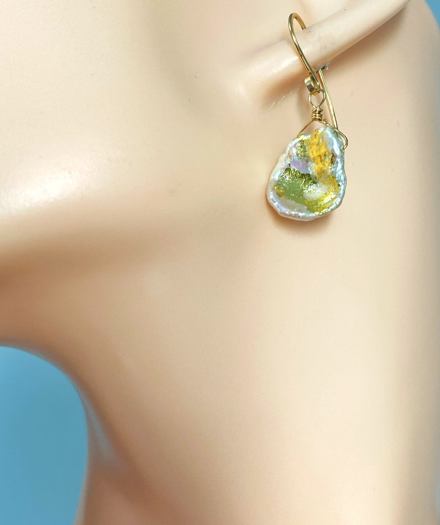 Keishi Pearl 24 kt Gold Leaf Dangle Earrings