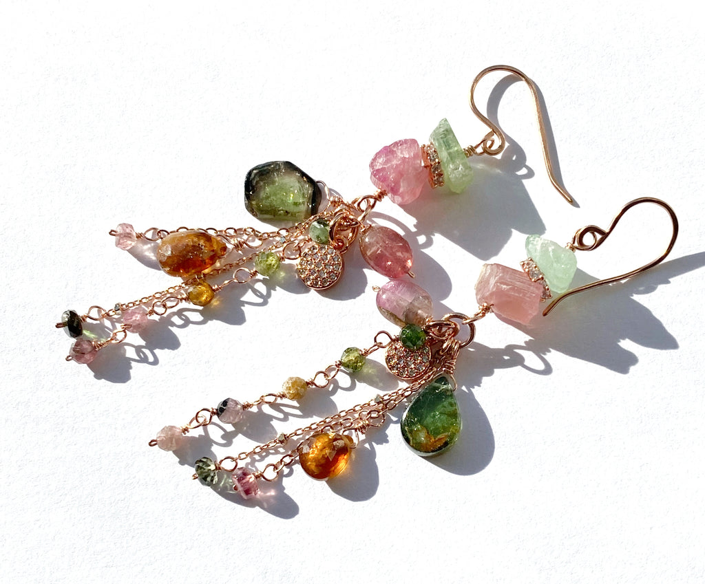 tourmaline dangle earrings rose gold pink green watermelon