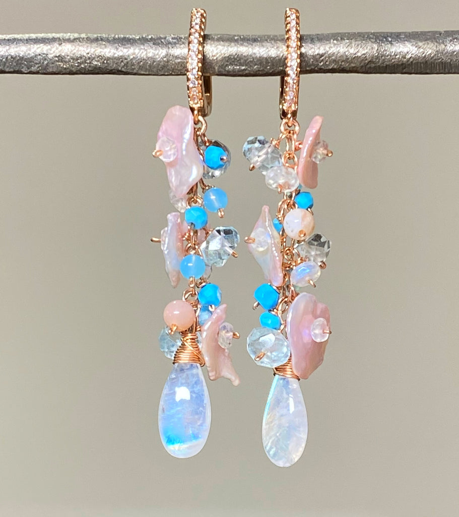 Long Gemstone Dangle Earrings Blush Keishi Pearl Rainbow Moonstone