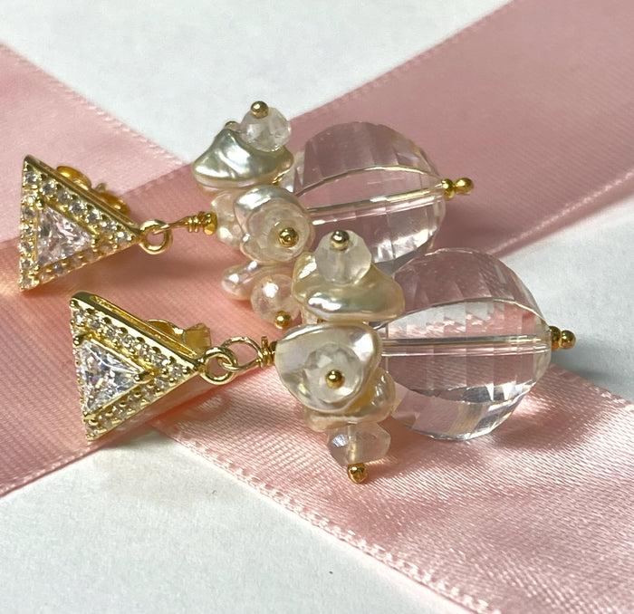 Clear Crystal Quartz Earrings Keishi Pearl Cluster Gold Post