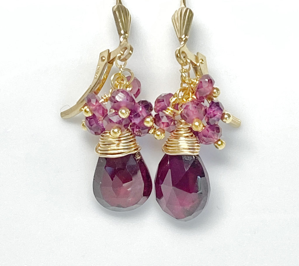 Rhodolite Garnet Cluster Earrings Gold Fill