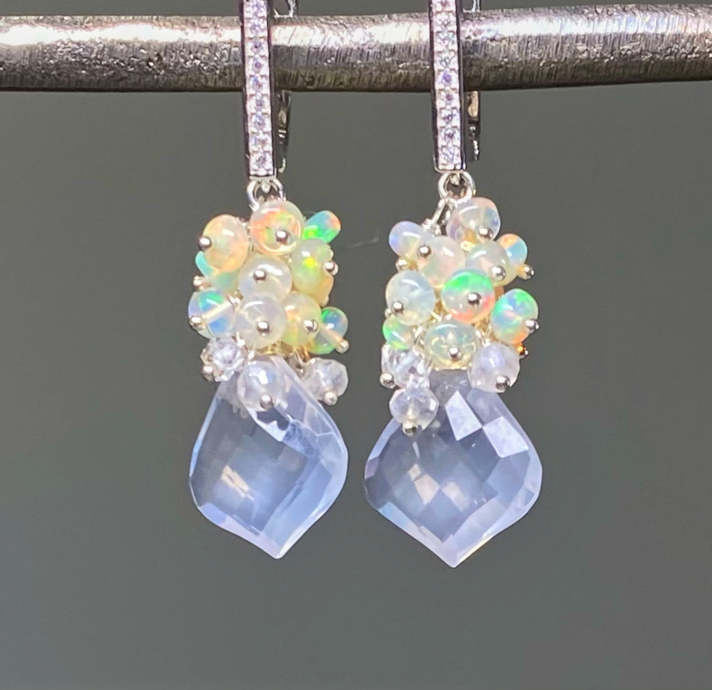 Opal Cluster Crystal Quartz Leverback Earrings