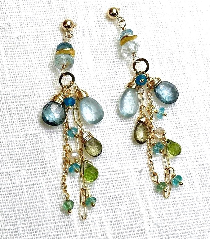 Aquamarine and Gemstone Dangle Long Earrings