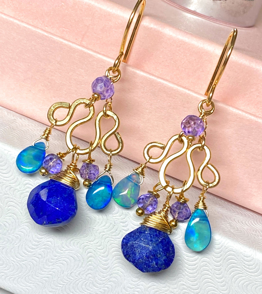 Blue Lapis, Blue Opal Chandelier Earrings Gold Fill