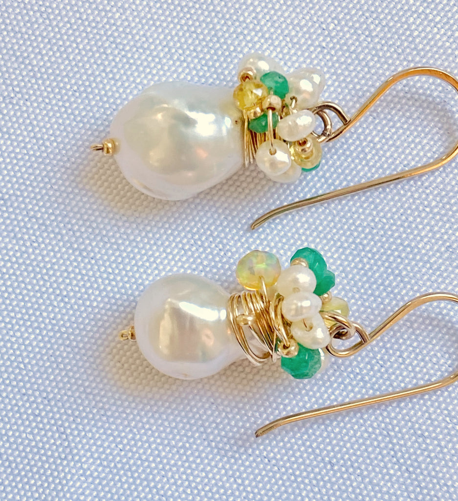 baroque pearl, emerald, opal, tiny pearl wrapped cluster earrings gold fill