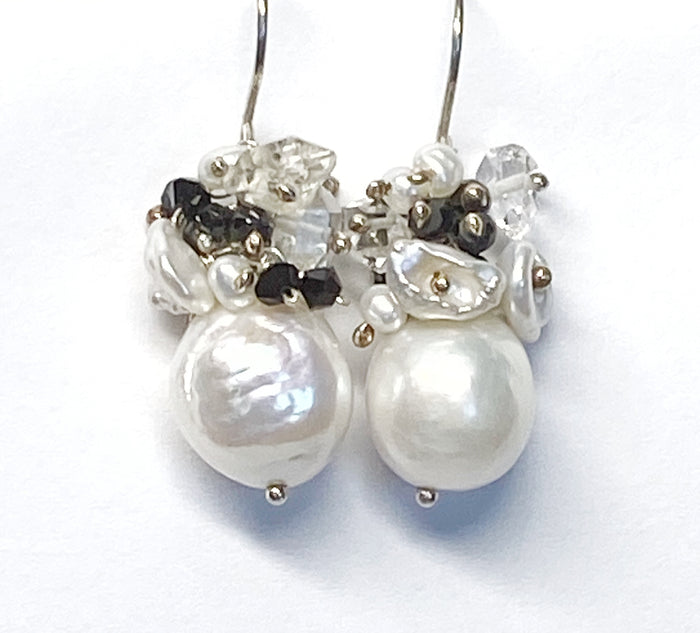 White Edison Pearl Cluster Earrings with Herkimer Diamond, Black Spinel