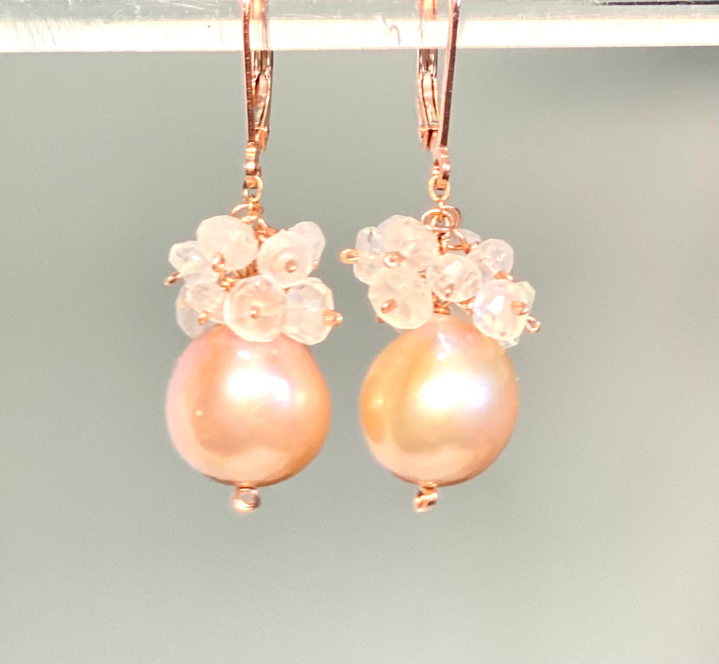 Pink Blush Pearl and Moonstone Cluster Earrings Rose Gold