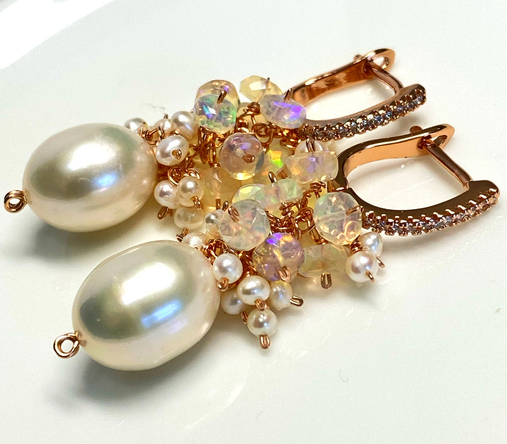 Pearl and Opal Cluster Earrings Rose Gold Fill