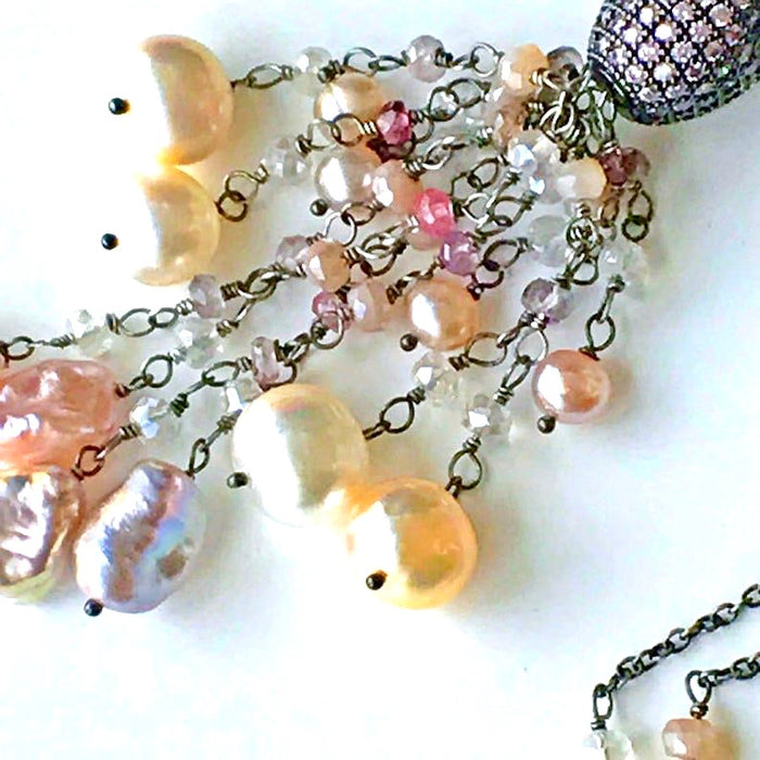 Blush Keishi Pearl Pink Spinel Oxidized Silver Long Tassel Necklace Pave CZ