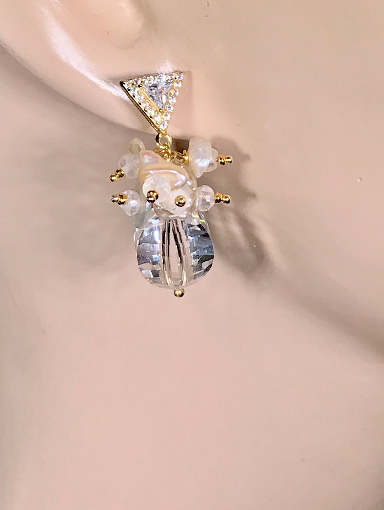 Clear Crystal Quartz Earrings Keishi Pearl Cluster Gold Post - doolittlejewelry
