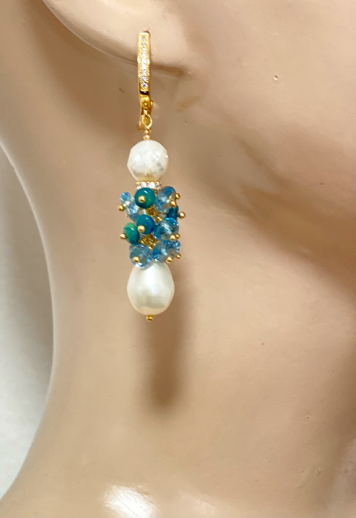 Pearl and London Blue Topaz and Opal Cluster Earrings - doolittlejewelry