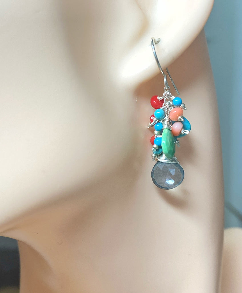 Blue and Green Turquoise, Coral Dangle Earrings Sterling Silver