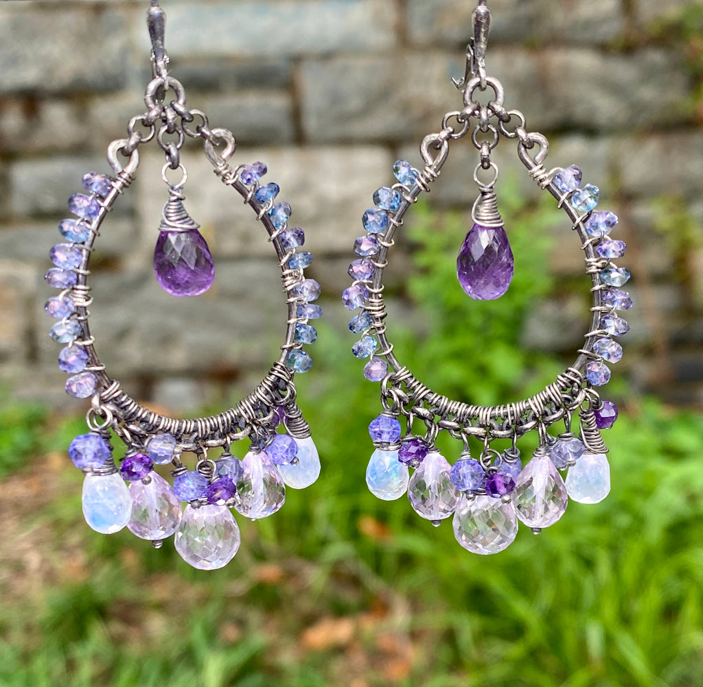 Amethyst Moonstone Oxidized Sterling Silver Hoop Earrings - doolittlejewelry