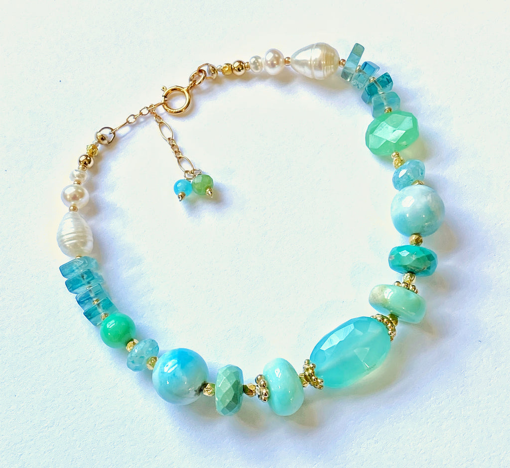 Pearl and Gem Bracelet Coastal Grandmother, Aqua Chalcedony, Larimar Bracelet