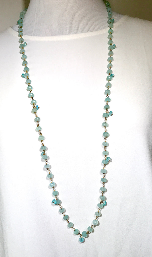 Aqua Chalcedony Long Necklace Gold Layering Rosary Style - doolittlejewelry