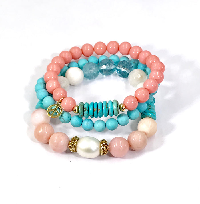 Turquoise Coral Stack Bracelet Set of 3 Boho Style - doolittlejewelry