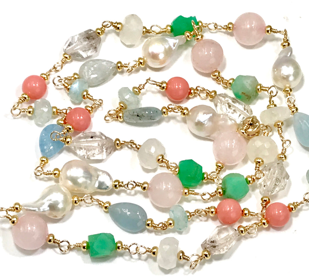 Multi Gemstone Pastel Long Necklace with Herkimer Diamond Aquamarine Gold - doolittlejewelry