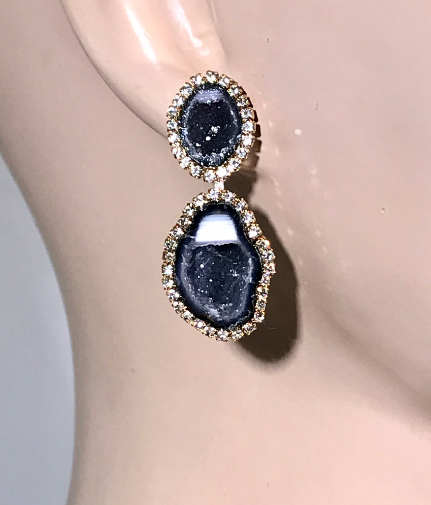Black and White Tabasco Geode Earrings Double Dangle RARE - doolittlejewelry