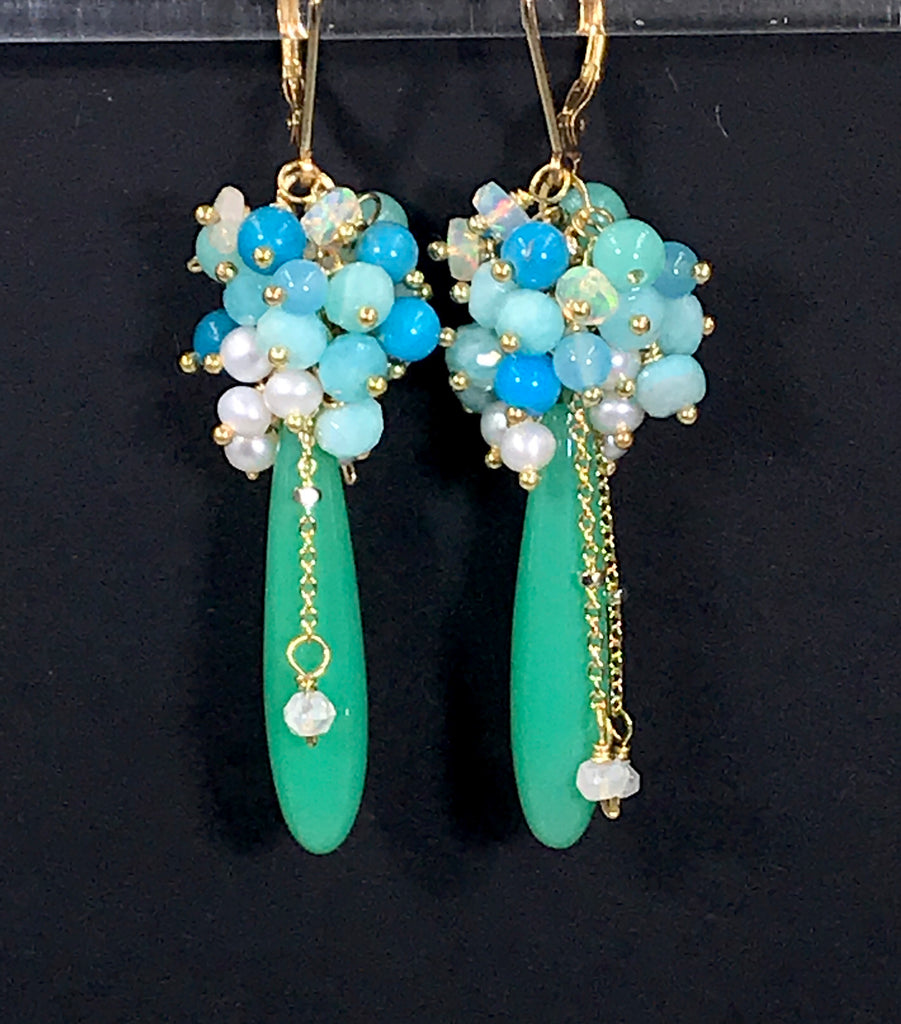 Green, Turquoise, Opal, Amazonite, Pearl Cluster Earrings Gold - doolittlejewelry