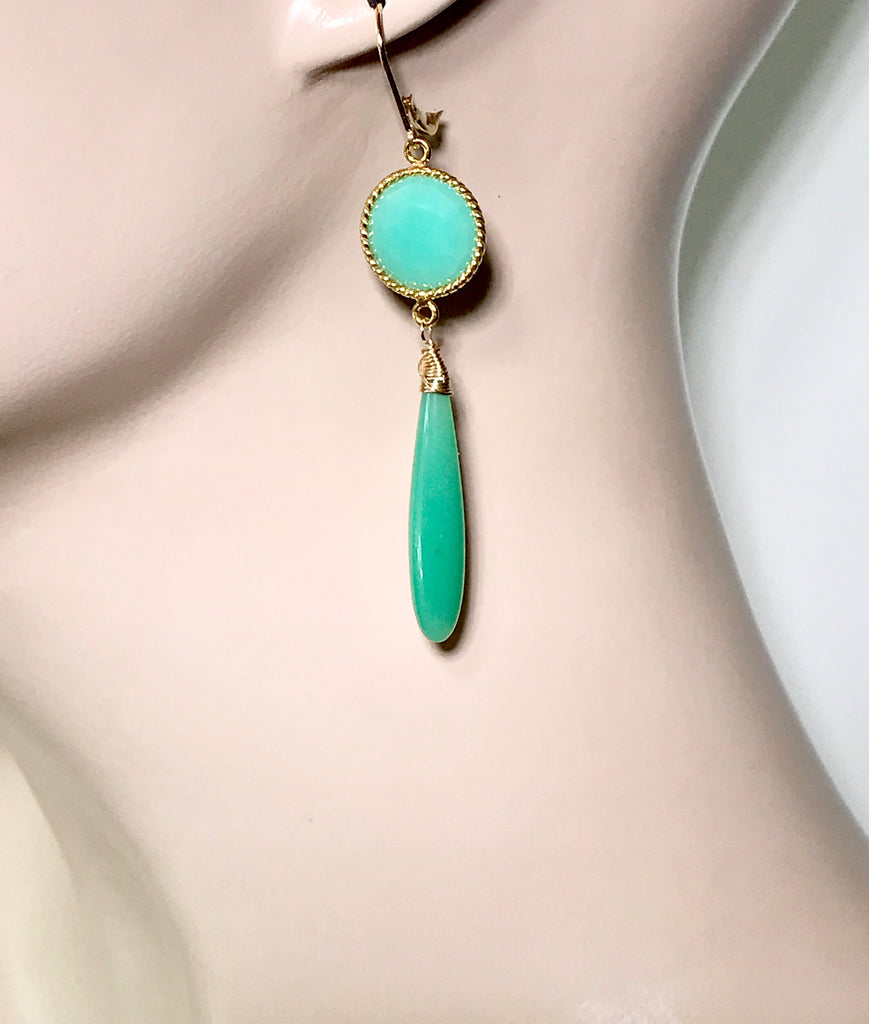 Long Green Drop Earrings Chrysoprase Chalcedony Connectors - doolittlejewelry