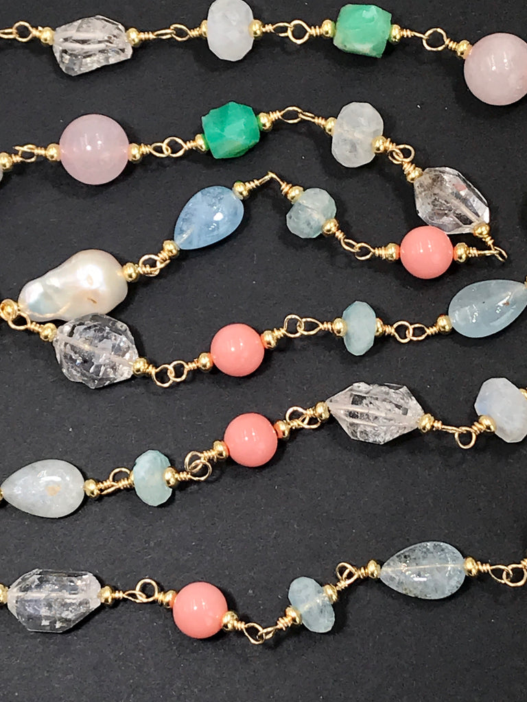 Multi Gemstone Pastel Long Necklace with Herkimer Diamond Aquamarine Gold - doolittlejewelry