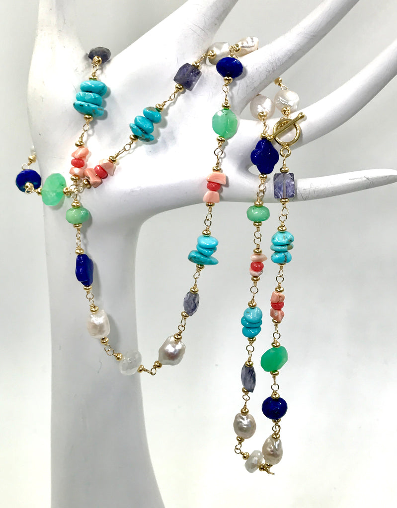 Multi Gemstone Pearl Long Gold Necklace Coral Lapis Chrysoprase - doolittlejewelry