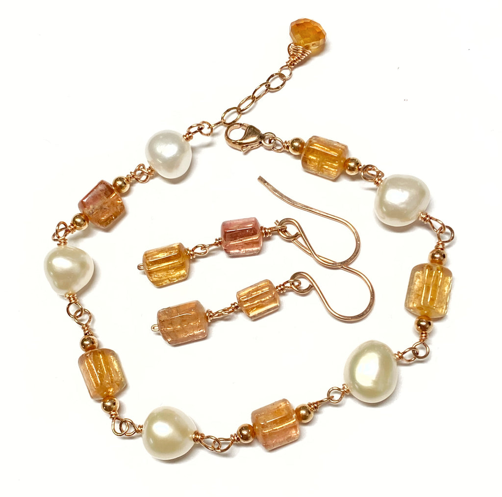 Imperial Topaz, Pearl and Rose Gold Wire Wrapped Bracelet