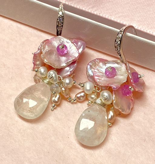Moonstone, Pink Keishi Pearl, Pink Sapphire Cluster Earrings