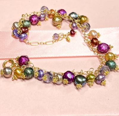 Multicolor Freshwater Pearl Dangle Bracelet Gold