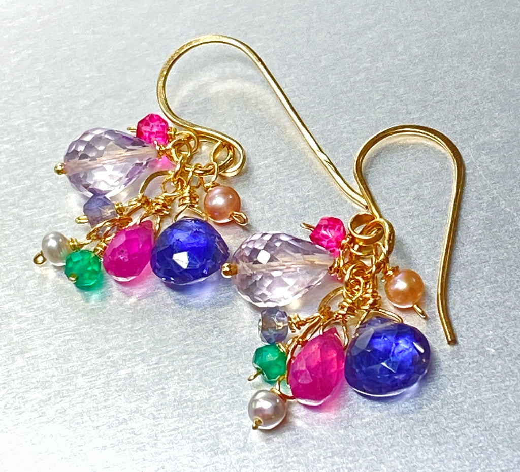 Multicolor Gemstone Dangle Earrings Pink Sapphire Gold Fill