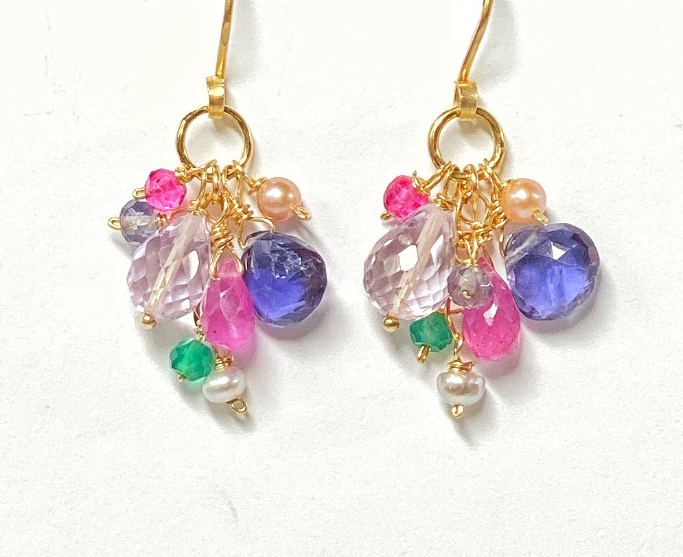Multicolor Gemstone Dangle Earrings Pink Sapphire Gold Fill