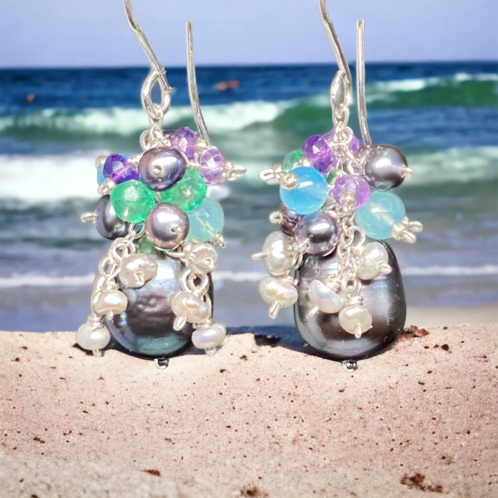Peacock Pearl, Amethyst, Blue Aqua Chalcedony, Cluster Waterfall Earrings